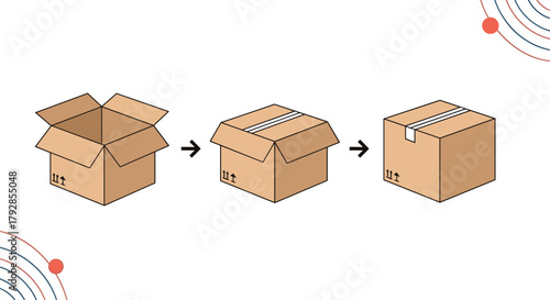Illustrating the simple process of folding and sealing a cardboard box for shipping purposes.