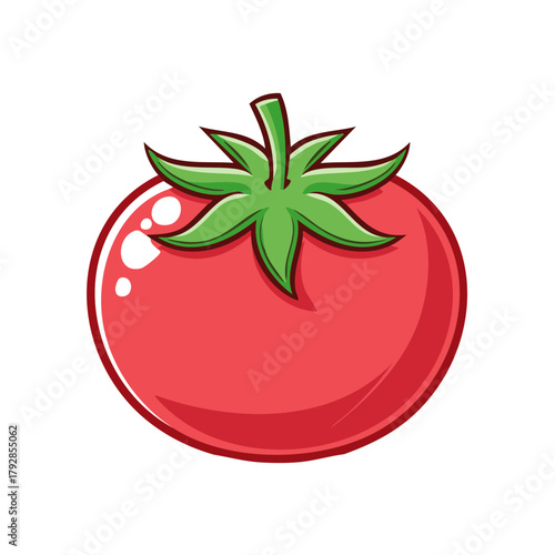 Cartoon-style illustration of a ripe red tomato with green leaves.