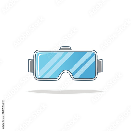 Illustration of a cartoon virtual reality headset with blue lenses and a grey frame