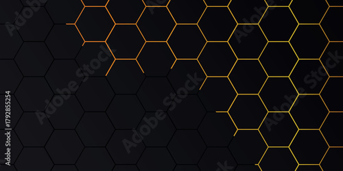Abstract background with hexagon pattern design and shining yellow light lines. Modern and futuristic hexagonal style concept for covers, presentations, certificates, marketing and websites. EPS. 4
