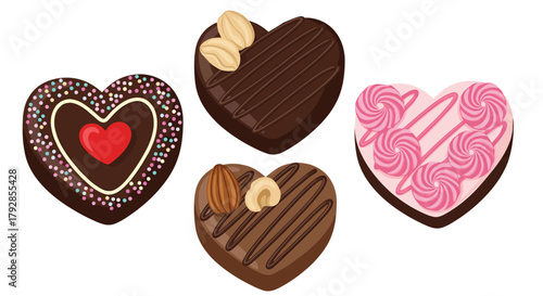 Assortment of delicious heart shaped chocolates with various toppings and decorations.