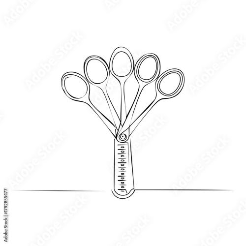 Artistic sketch of five scissors forming a fan shape with a measuring tape base symbolizing creativity and craftsmanship