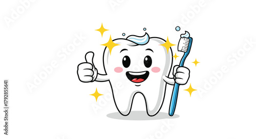 A happy cartoon tooth gives a thumbs up while holding a toothbrush and toothpaste.