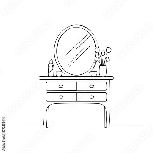 Minimalist outline drawing of a vanity table with mirror cosmetics and flowers