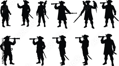 Pirate silhouette set, sword pose, telescope view, parrot companion, black vector, adventure theme, character design, minimal style, sea legend, costume icon