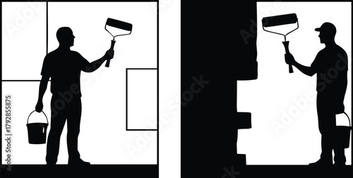 Painter silhouette, worker painting wall, construction labor, paint roller, bucket, industrial background, home renovation, vector art, flat illustration, flavector
