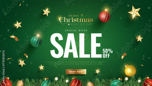 Merry Christmas sale promotion poster banner with product display and festive decoration light background. Christmas Product podium with holiday decoration theme.
