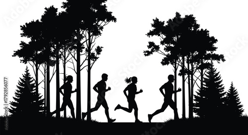 Running silhouettes of people in forest trail, outdoor fitness exercise, nature jogging, group sport activity, scenic motion illustration, flavector
