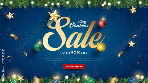 Merry Christmas sale promotion poster banner with product display and festive decoration light background. Christmas Product podium with holiday decoration theme.