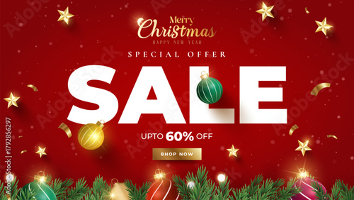 Merry Christmas sale promotion poster banner with product display and festive decoration light background. Christmas Product podium with holiday decoration theme.
