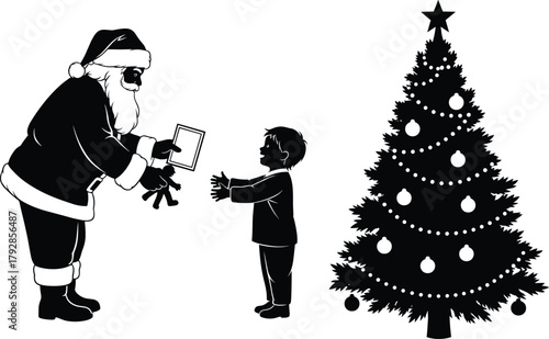 Santa Claus gift moment, child silhouette, Christmas tree, festive joy, holiday spirit, winter celebration, present exchange, silhouette scene – flavector