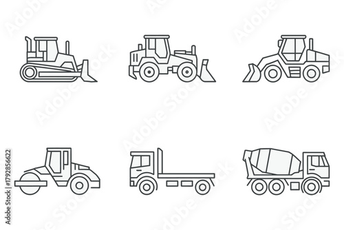 Set of simple line art icons representing heavy construction vehicles for industry and building.