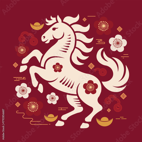 White horse with plum blossoms and gold ingots on red background