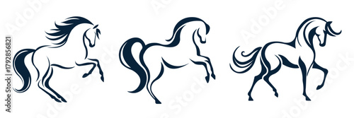 Three dark blue horse silhouettes in motion on white