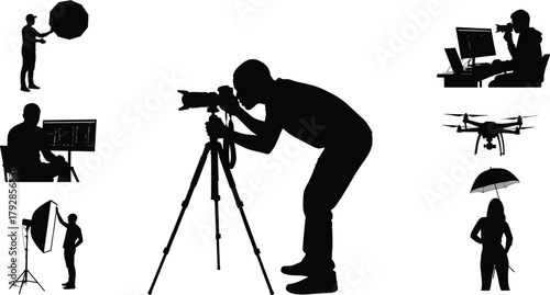 Photography and videography silhouettes, studio setup illustration, camera tripod operator, photo editing, drone filming, lighting equipment, creative media production vector