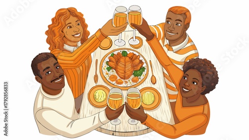 A diverse group of friends and family gathered around a table raising glasses of champagne in a toast to celebrate a festive meal