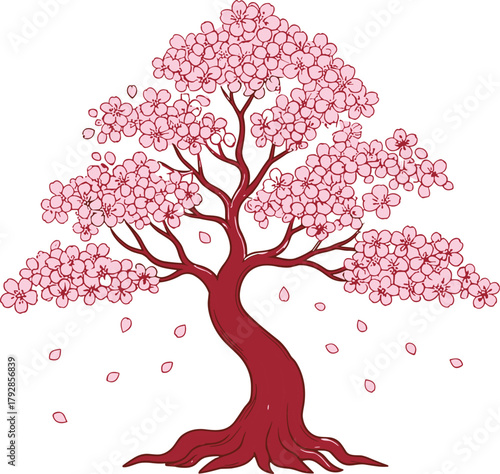 Elegant cherry blossom tree with falling petals, minimal pink line art, spring floral nature illustration