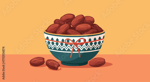 A detailed close-up shot of a bowl overflowing with plump dates on a vibrant surface.
