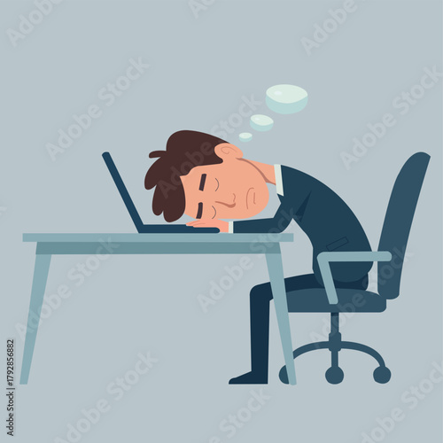 Man sleeping at desk with laptop and thought bubbles