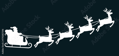 White silhouette of Santa Claus in sleigh pulled by reindeer