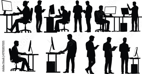 Office worker silhouette set, people with computers, digital workspace poses, teamwork, technology interaction, black and white vector illustration, flavector