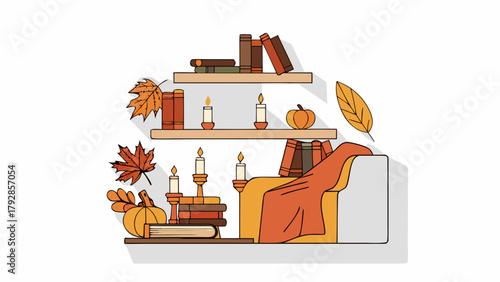Cozy autumn scene with bookshelves pumpkins candles and falling leaves perfect for seasonal decor