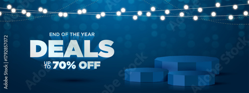 Merry Christmas sale promotion poster banner with product display and festive decoration light background. Christmas Product podium with holiday decoration theme.