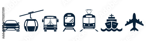 Dark blue transportation icons on white background
