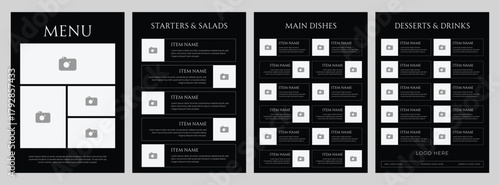 Dark minimal luxurious restaurant menu template with elegant typography and modern layout perfect for fine dining bars cafes and premium food brands ideal for professional printable menu design