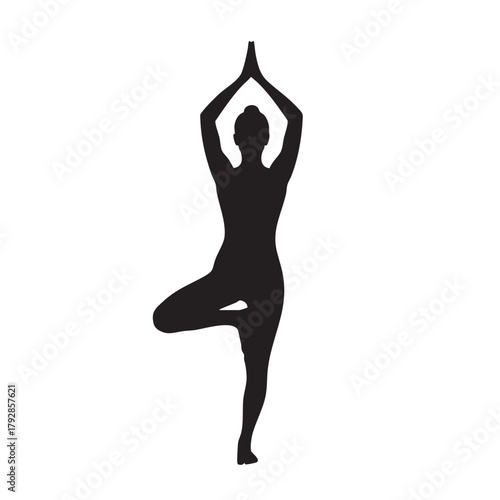 A black silhouette of a woman in Tree Pose (Vrikshasana)