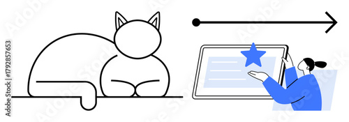 Cat lying calmly, user interacting with tablet featuring star. Ideal for technology, relaxation, creativity, productivity, digital learning, user experience calm mindset. Simple flat metaphor
