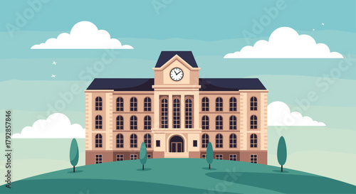 A grand historical building stands majestically atop a green hill under a bright blue sky with scattered clouds.