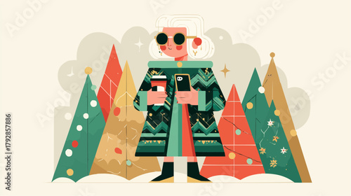Stylish modern Mrs Claus in sunglasses with coffee and smartphone in a snowy Christmas scene, humorous flat vector for packaging, holiday cards or trendy festive decor