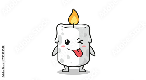 A cute and playful cartoon candle character winking and sticking its tongue out playfully.