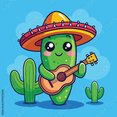 Happy cartoon cactus in a sombrero playing guitar in desert scene