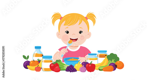 A happy toddler enjoys a nutritious meal with a variety of fresh fruits vegetables and baby food purees.