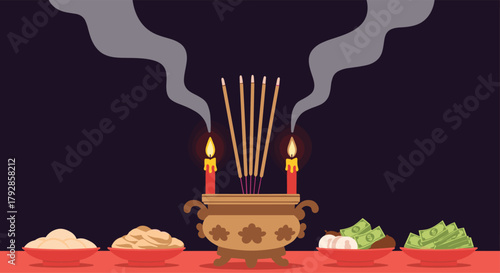 An incense burner with candles and offerings for a spiritual ceremony.