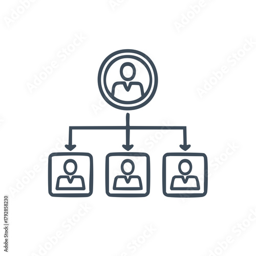 Modern line icon illustrating a business organizational chart with a leader overseeing three team members in a hierarchical structure.