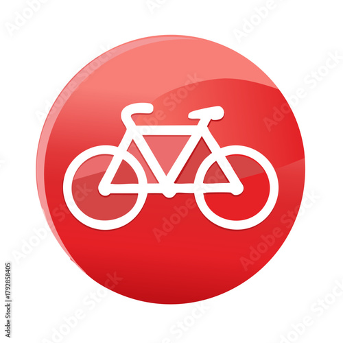 Icon of white bicycle on glossy red circle shape for transport, recreation, travel and activity