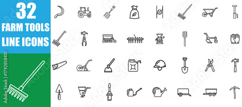 Collection of 32 hand drawn farm and garden tools and equipment icons for agriculture and rural life