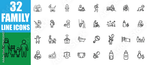 Collection of 32 minimalist family line art icons representing diverse relationships and activities