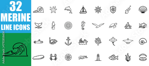 Collection of 32 hand drawn marine and nautical line art icons for design projects