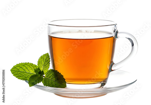 A refreshing glass mug filled with amber tea and fresh mint leaves isolated on transparent background