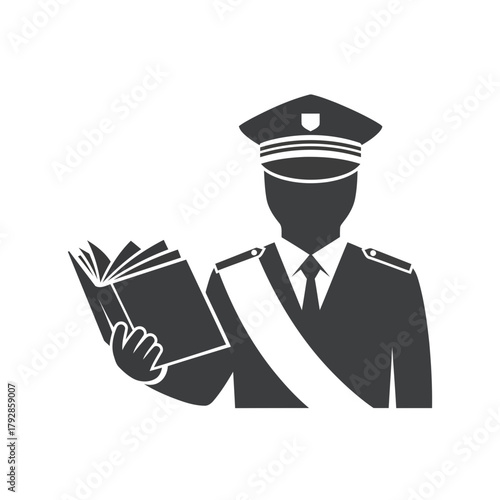 Silhouette of a uniformed officer holding an open book