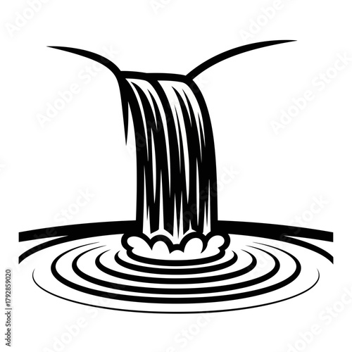 Stylized black and white illustration of a waterfall cascading into a circular pool with ripples