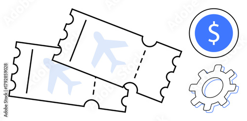 Two airplane tickets paired with a blue coin and gear symbolizing travel expenses, booking optimization, and cost management. Ideal for travel, budget planning, airline operations, tourism, aviation