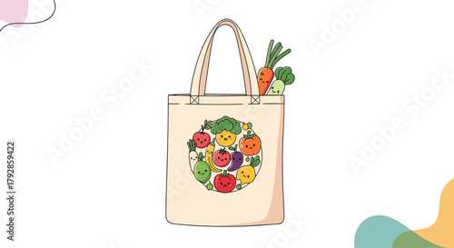 Cute cartoon vegetables in a tote bag illustration for groceries and healthy eating.