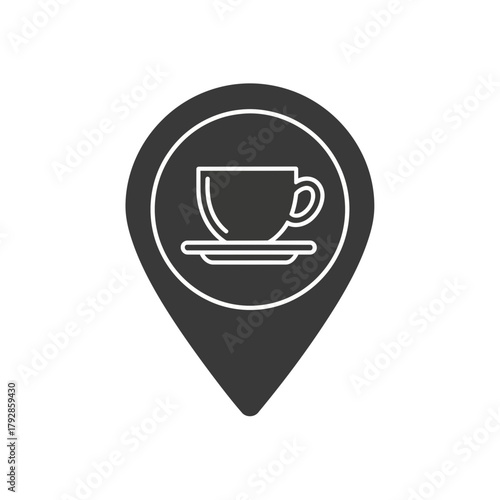 A stylized black and white icon representing a coffee cup on a saucer within a location pin marker, symbolizing a coffee shop or cafe