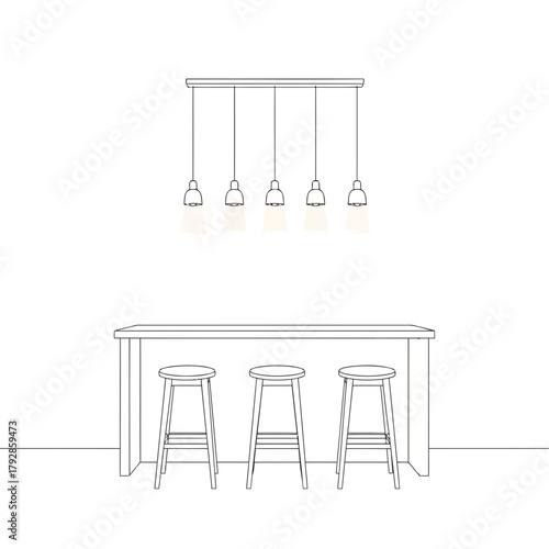 Bar counter with stools and pendant lights, modern interior design, minimalist style, line art illustration