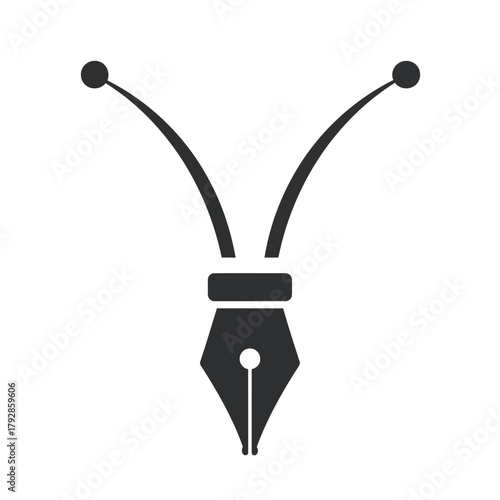 Stylized black icon of a fountain pen nib with two curved lines and two dots, representing graphic design or writing